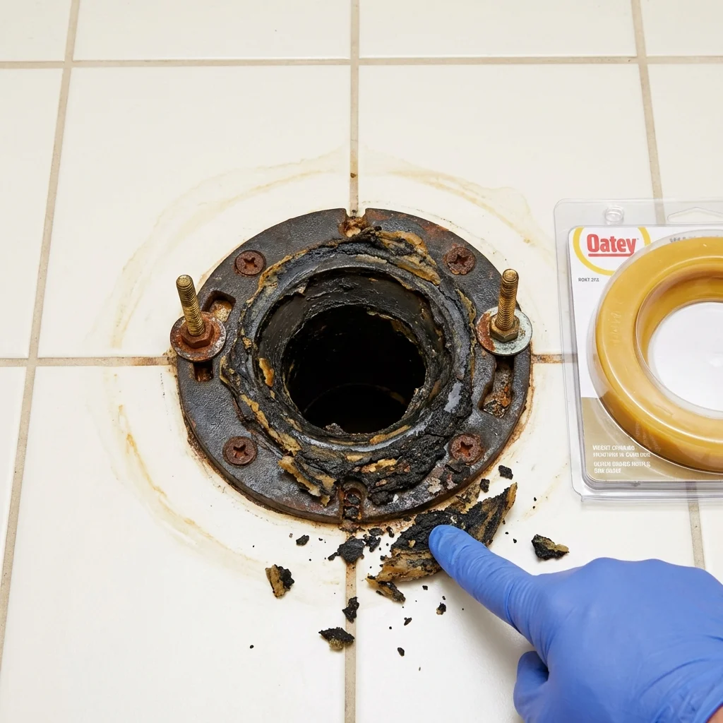 Failed wax ring showing water seepage at the base of a toilet in a Plainview, NY home