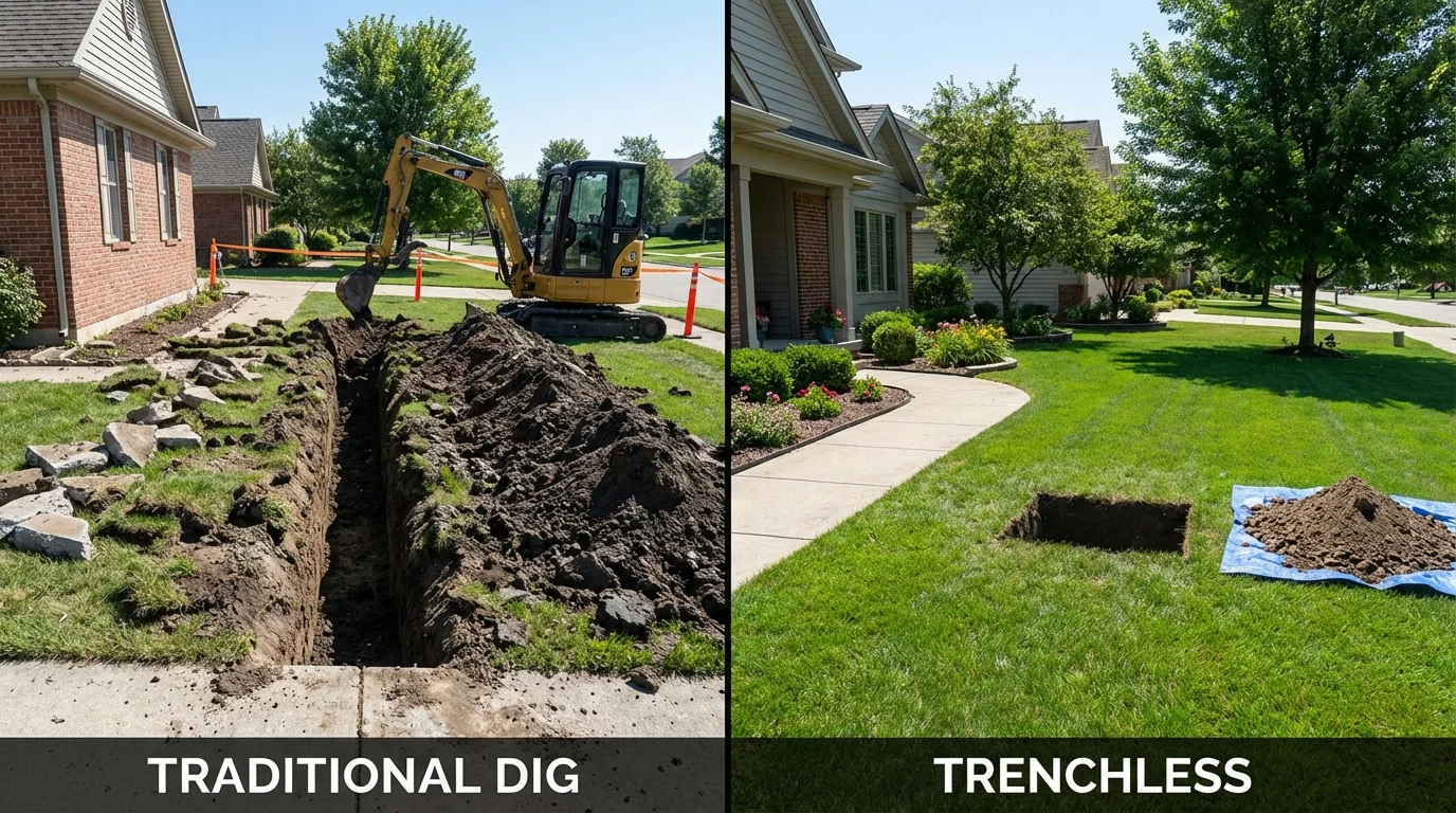 Trenchless sewer repair with minimal yard damage versus traditional excavation in Plainview, NY